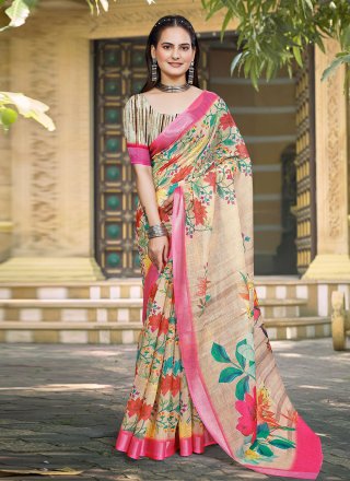 Yellow Cotton Patch Border, Digital Print and Woven Work Trendy Saree