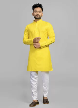 Yellow Cotton Plain Work Kurta Pyjama for Engagement