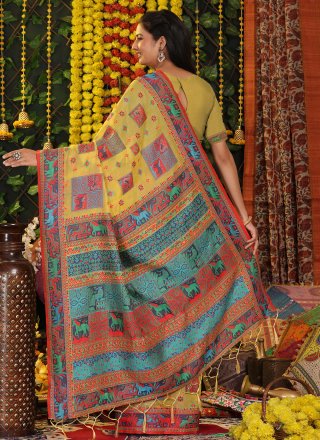 Yellow Cotton Print Work Contemporary Saree for Casual