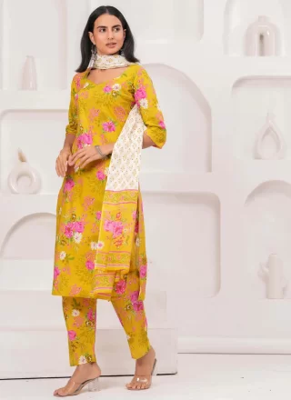 Yellow Cotton Print Work Readymade Salwar Suit for Women