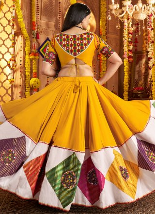 Yellow Cotton Readymade Lehenga Choli with Embroidered, Jacquard, Patch Border and Thread Work