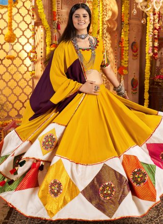Yellow Cotton Readymade Lehenga Choli with Embroidered, Jacquard, Patch Border and Thread Work