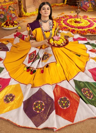 Yellow Cotton Readymade Lehenga Choli with Embroidered, Jacquard, Patch Border and Thread Work