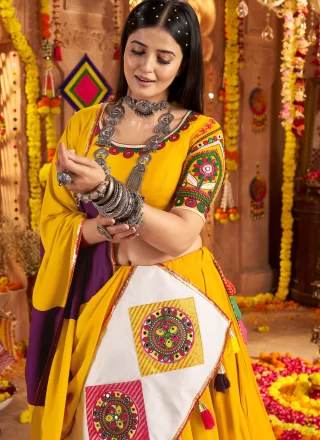 Yellow Cotton Readymade Lehenga Choli with Embroidered, Jacquard, Patch Border and Thread Work