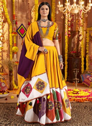 Yellow Cotton Readymade Lehenga Choli with Embroidered, Jacquard, Patch Border and Thread Work