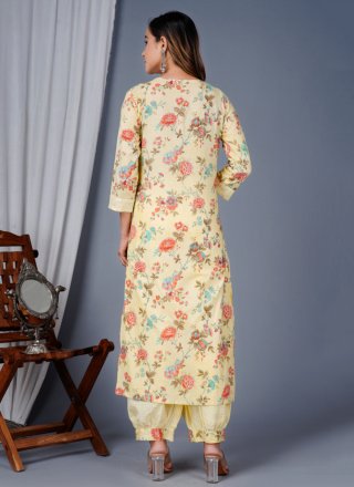 Yellow Cotton Salwar Suit with Embroidered and Print Work