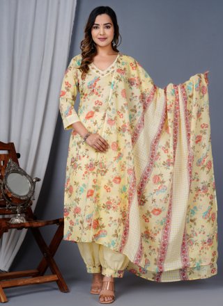 Yellow Cotton Salwar Suit with Embroidered and Print Work
