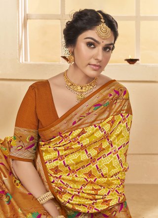 Yellow Cotton Silk Classic Saree with Patch Border and Print Work