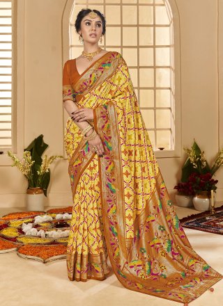 Yellow Cotton Silk Classic Saree with Patch Border and Print Work