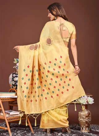 Yellow Cotton Woven Work Classic Sari
