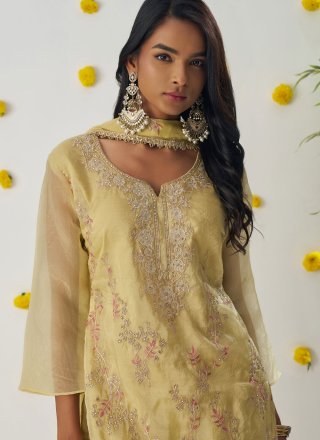 Yellow Crush Readymade Salwar Suit with Embroidered, Stone and Zari Work