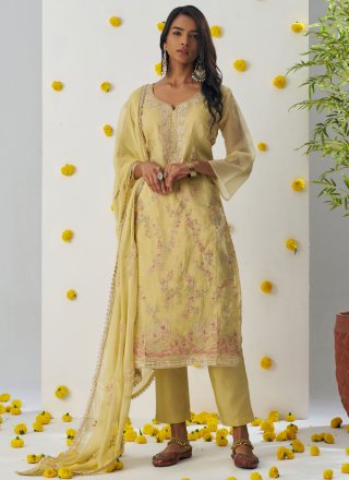 Yellow Crush Readymade Salwar Suit with Embroidered, Stone and Zari Work