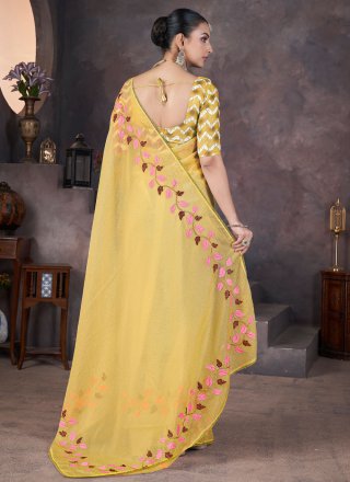 Yellow Crush Traditional Saree with Patch Border, Embroidered, Lace, Patch Border and Thread Work