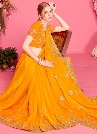 Yellow Cut, Embroidered, Zari and Zircon Work Fandy Traditional Saree