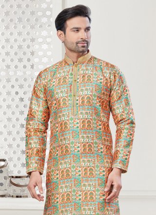 Yellow Digital Print Work Silk Kurta Pyjama