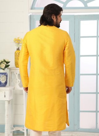 Yellow Dupion Silk Kurta Mens Wear with Embroidered Work