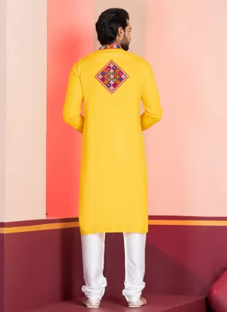Yellow Embroidered and Lace Work Rayon Kurta Pyjama