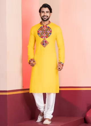Yellow Embroidered and Lace Work Rayon Kurta Pyjama