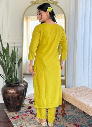 Yellow Embroidered and Print Work Viscose Salwar Suit