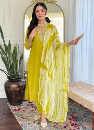 Yellow Embroidered and Print Work Viscose Salwar Suit