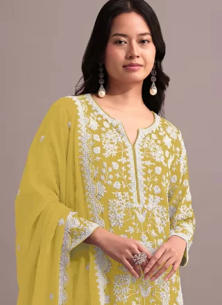 Yellow Embroidered, Khatli and Thread Work Faux Georgette Sharara Set