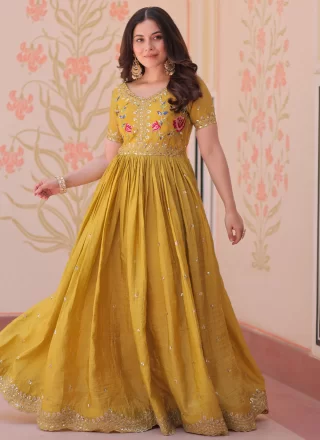 Yellow Embroidered, Multi, Sequins, Thread and Zari Work Crush Gown