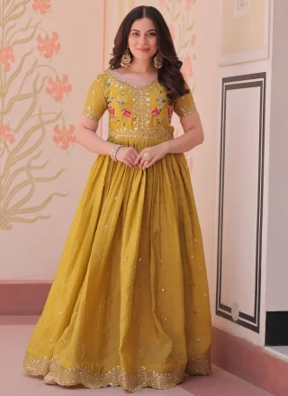Yellow Embroidered, Multi, Sequins, Thread and Zari Work Crush Gown