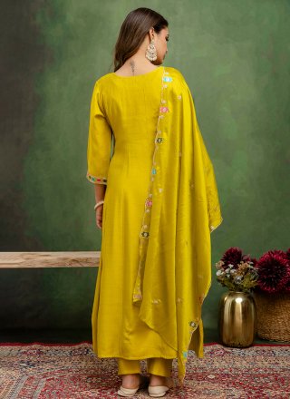Yellow Embroidered Work Silk Blend Salwar Suit
