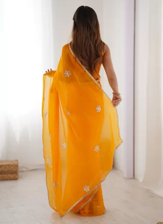 Yellow Fancy Fabric Beads, Lace and Moti Work Trendy Saree for Ceremonial