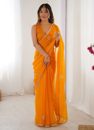 Yellow Fancy Fabric Beads, Lace and Moti Work Trendy Saree for Ceremonial