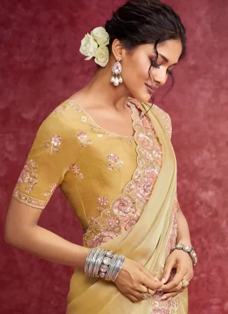 Yellow Fancy Fabric Contemporary Sari with Patch Border, Cut, Embroidered, Sequins and Thread Work