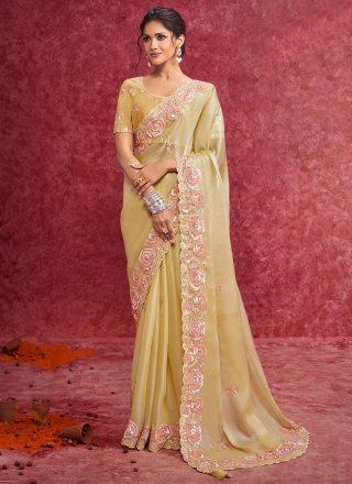 Yellow Fancy Fabric Contemporary Sari with Patch Border, Cut, Embroidered, Sequins and Thread Work