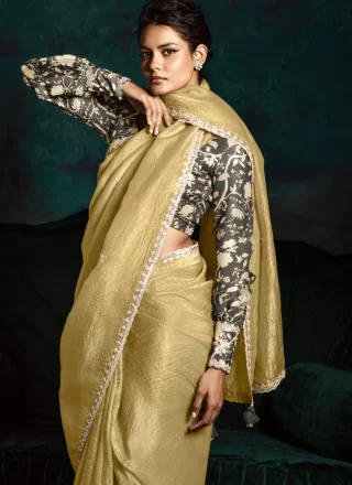 Yellow Fancy Fabric Embroidered and Zari Work Designer Sari
