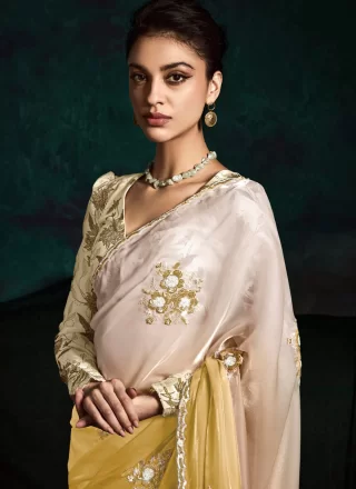 Yellow Fancy Fabric Shaded Saree with Booti, Embroidered, Sequins, Thread and Zari Work