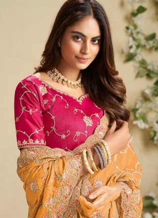Yellow Fandy Designer Sari with Cord, Stone, Thread and Zari Work