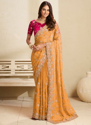Yellow Fandy Designer Sari with Cord, Stone, Thread and Zari Work