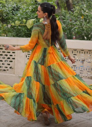 Yellow Faux Georgette Designer Gown with Bandhej, Patch Border and Print Work for Women