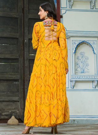 Yellow Faux Georgette Gamthi, Patch Border and Print Work  Designer Gown for Ceremonial