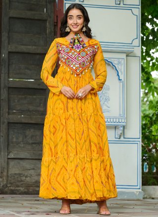 Yellow Faux Georgette Gamthi, Patch Border and Print Work  Designer Gown for Ceremonial