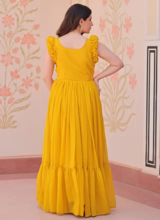 Yellow Faux Georgette Gown with Beads, Embroidered and Sequins Work