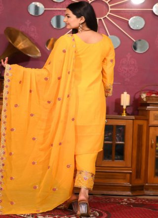 Yellow Faux Georgette Readymade Salwar Suit with Embroidered, Sequins and Zari Work