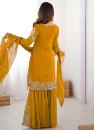 Yellow Faux Georgette Salwar Suit with Embroidered, Sequins and Thread Work