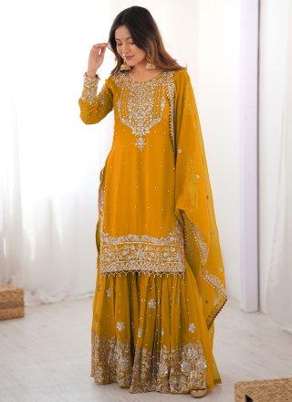 Yellow Faux Georgette Salwar Suit with Embroidered, Sequins and Thread Work