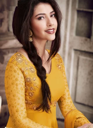 Yellow Faux Georgette Salwar Suit with Embroidered, Stone and Zari Work for Party