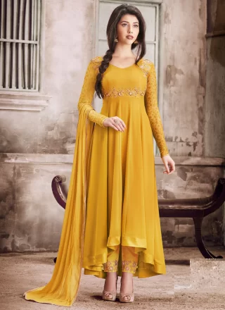Yellow Faux Georgette Salwar Suit with Embroidered, Stone and Zari Work for Party