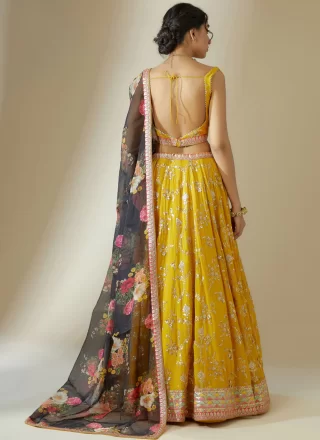 Yellow Georgette A - Line Lehenga Choli with Embroidered, Sequins and Zari Work