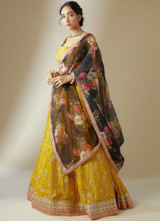 Yellow Georgette A - Line Lehenga Choli with Embroidered, Sequins and Zari Work