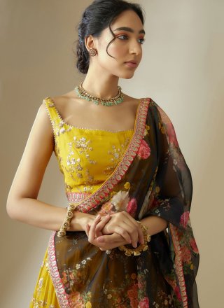 Yellow Georgette A - Line Lehenga Choli with Embroidered, Sequins and Zari Work