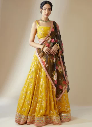 Yellow Georgette A - Line Lehenga Choli with Embroidered, Sequins and Zari Work