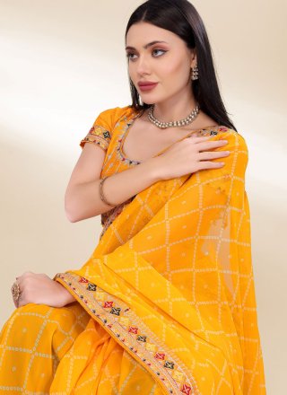 Yellow Georgette Classic Saree with Patch Border, Embroidered and Foil Print Work for Casual